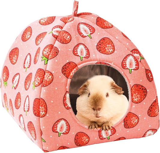 JSPYFITS Guinea Pig Hideout Bed Rabbit House Cave Accessories Cozy Hide-Out Guinea Pig Bed Washable Cage for Small Pet Hamster Ferret Rabbit Bunny Pink Strawberry