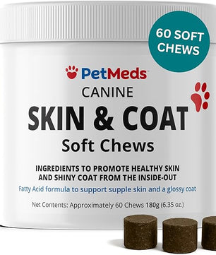 PetMeds Skin & Coat Supplement for Dogs - Fish Oil, Omega 3, Vitamin E, & Biotin for Dry, Itchy Skin & Shedding Relief - Healthy Skin & Shiny Coat - Beef & Sweet Potato Flavor - 60 Soft Chews