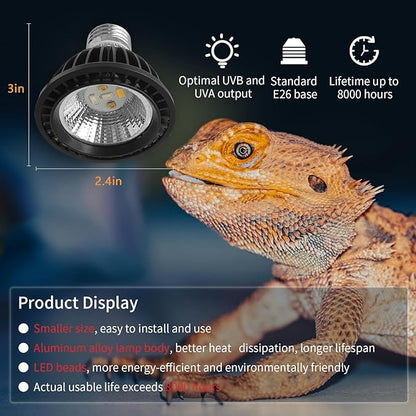 UVB Light Bulb for Reptiles, LED 3W 5.0 UVA UVB Heat Lamp Bulbs Ideal for Rainforest Reptiles, Bearded Dragons Lizard Turtle Tortoise Iguanas Chameleons Snake (2 Pack)