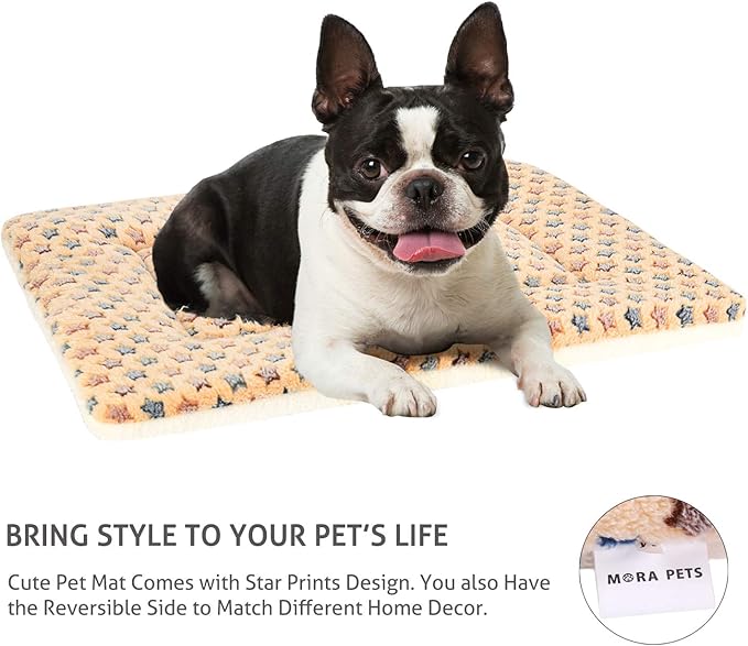 Mora Pets Dog Crate Pad - Ultra Soft Pet Bed With Cute Star Print, Washable Mat for Large Medium Small Dogs, Reversible Fleece Kennel Liner, Cat Bed 23 x 18 Inch Brown