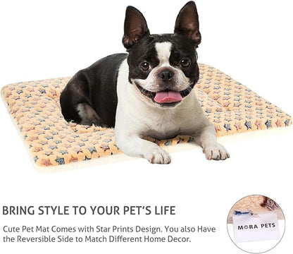 Mora Pets Dog Crate Pad - Ultra Soft Pet Bed With Cute Star Print, Washable Mat for Large Medium Small Dogs, Reversible Fleece Kennel Liner, Cat Bed 23 x 18 Inch Brown