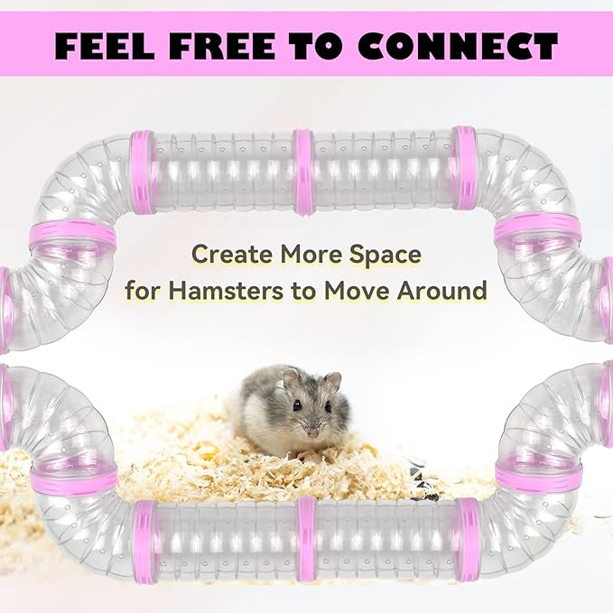 Dwarf Hamster Tubes and Tunnels Set,Mouse DIY Toy Transparent Tube Pet Cage Connection Tunnel Kit Syrian Hamster External Accessories Adventure Pipe for Mice Rat(Pink)