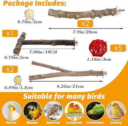 kathson 5pcs Natural Parrot Perch for Cage Wooden Bird Perches Grape Bird Stick Parakeet Climbing Standing Branches Toy Chewable Cage Accessories for Small Budgies Cockatiels Lovebirds Budgies