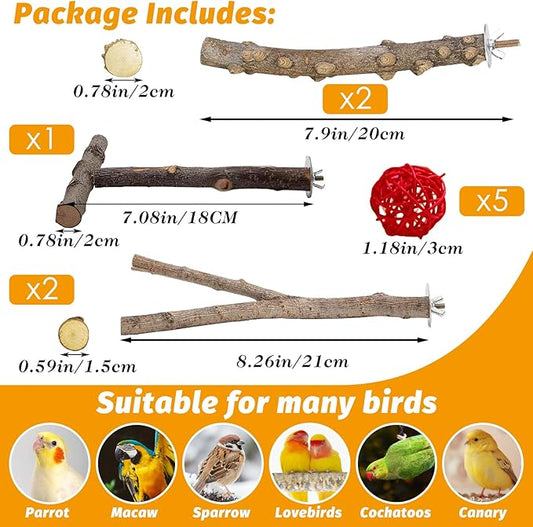 kathson 5pcs Natural Parrot Perch for Cage Wooden Bird Perches Grape Bird Stick Parakeet Climbing Standing Branches Toy Chewable Cage Accessories for Small Budgies Cockatiels Lovebirds Budgies