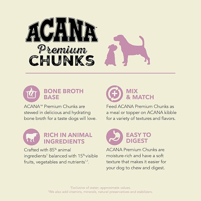 ACANA Premium Chunks in Bone Broth Grain-Free Wet Dog Food Variety Pack: Beef + Lamb Recipes 12.8oz Cans (6 Count, 3 of Each)