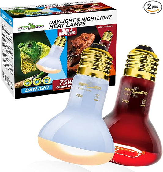 REPTI ZOO 75W Reptile Heat Lamp Combo Pack, 2PCS Day & Night Basking Spot Light, UVA Daylight Heating Lamp Basking Bulb and Infrared Heat Emitter Red Heat Lamp