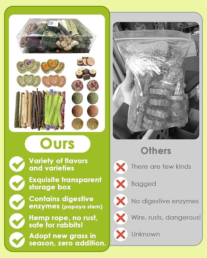 61Pcs DIY Rabbit Toys for Bunny Boredom Basket for Small Pets, Hanging Rodent Dental Toy with Papaya Stems Sweet Bamboo Hamsters, Chinchillas, Guinea Pigs (XL, Papaya stem)