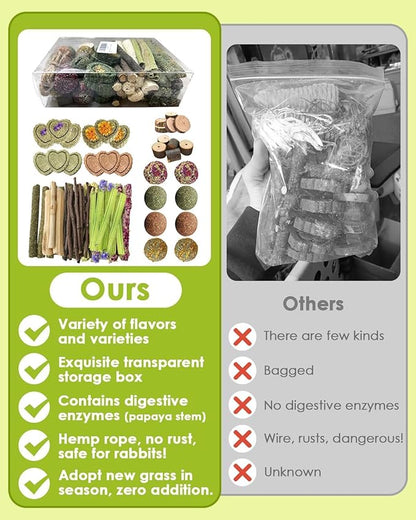 61Pcs DIY Rabbit Toys for Bunny Boredom Basket for Small Pets, Hanging Rodent Dental Toy with Papaya Stems Sweet Bamboo Hamsters, Chinchillas, Guinea Pigs (XL, Papaya stem)