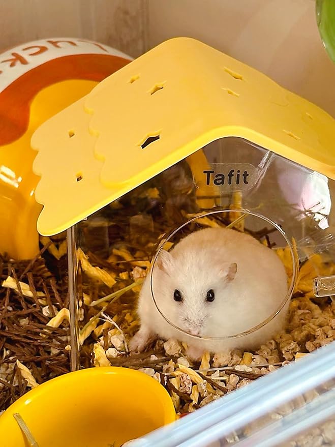 TUTU&LELE Hamster Hideout, Tiny House Habitat, Starry Sky Hideout Nest,Hamster Bed with Plush Cushion for Dwarf Hamsters, Mice, Gerbils, Hamsters to Play, Sleep and Rest (Yellow)