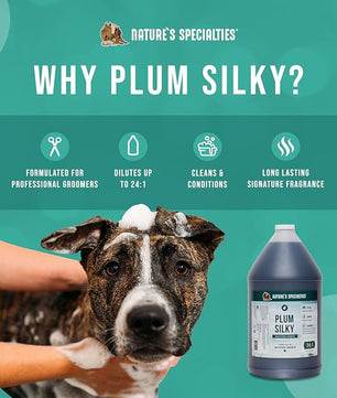 Nature's Specialties Plum Silky Ultra Concentrated Dog Shampoo Conditioner, Makes up to 24 Gallons, Natural Choice for Professional Pet Groomers, Silk Proteins, Made in USA, 1 gal