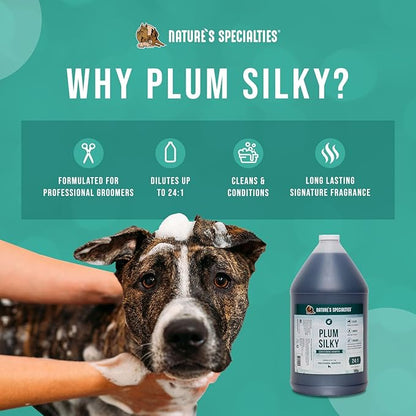 Nature's Specialties Plum Silky Ultra Concentrated Dog Shampoo Conditioner, Makes up to 24 Gallons, Natural Choice for Professional Pet Groomers, Silk Proteins, Made in USA, 1 gal