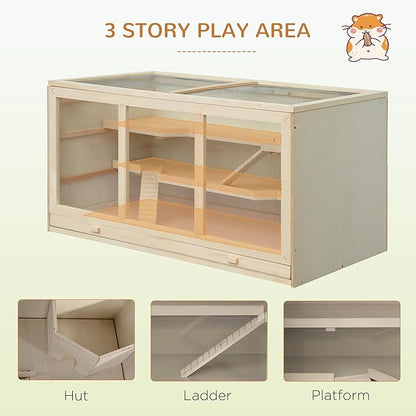 PawHut 45" Extra Large Wooden Hamster Cage, 3-Layer Chewproof Rat Cage with Opening Roof, Hut, Ramps, for Gerbil, Dwarf & Syrian Hamsters, Natural