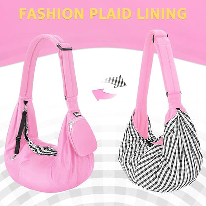 Lukovee Pet Sling, Hand Free Dog Sling Carrier Adjustable Padded Strap Tote Bag, Shoulder Bag with Safety Belt & Front Pocket for Small Dog Cat Puppy (Pink-WY,M)