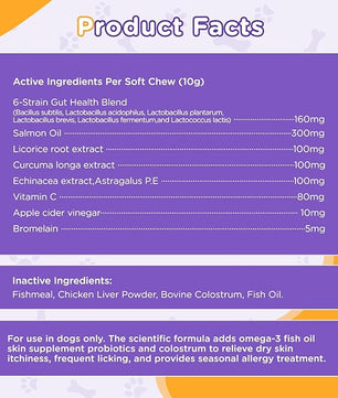 Allergy Relief Chews for Dogs - Omega 3 Skin & Coat Supplement with Colostrum & Probiotics - Itch Relief for Dogs, Dry Skin, Paw Licking, Seasonal Allergies,Chicken Flavor,100 Large Chews