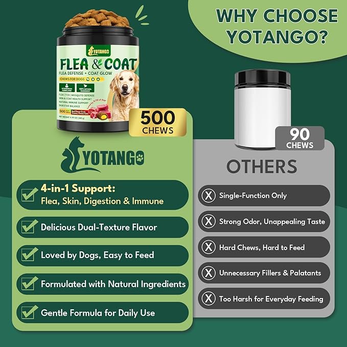 YOTANGO Dog Flea and Tick Support Crunchy & Creamy Chewables, 500 Chews Natural Flea and Tick Support for Dogs Chewable, Skin and Coat Support, Flea Chews for Dogs and Puppies (Beef Flavor)
