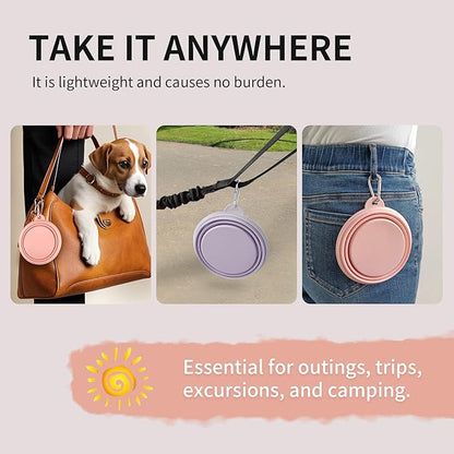 Collapsible Dog Bowls 2-Pack, Portable Travel Dog Bowl with Carabiner, Food-Grade Silicone Pet Bowl for Hiking, Walking (Macaron Pink and Violet)