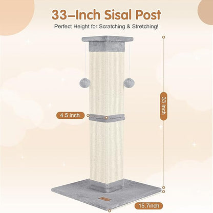 Cat Scratching Post 33 inch for Indoor Cats, High Cat Scratch Post Grey, Cat Tree for Full-Body Stretching, Protect Your Furniture