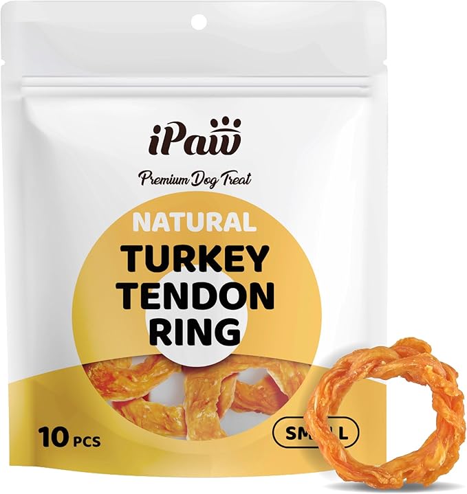 iPaw Turkey Tendons for Dogs Value Pack, 100% Turkey and US Sourced Raw Material, Hypoallergenic, All Natural Human Grade Puppy Chew, Rawhide Alternative Dog Treats, 10 Units/Bag Ring (Small)