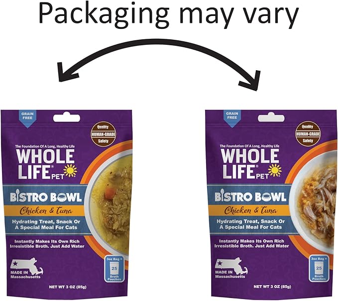 Whole Life Pet Bistro Bowls - Human-Grade Wet Food Toppers & Complement, Natural & Flavorful Broth, Instantly Hydrating Cat Snacks, Lickable Cat Treats, Just Add Water - Chicken & Tuna, 3 Oz