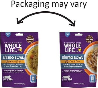 Whole Life Pet Bistro Bowls - Human-Grade Wet Food Toppers & Complement, Natural & Flavorful Broth, Instantly Hydrating Cat Snacks, Lickable Cat Treats, Just Add Water - Chicken & Tuna, 3 Oz