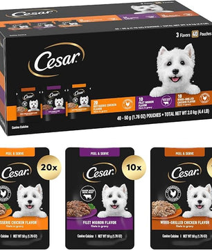 Cesar Filets in Gravy Wet Dog Food Filet Mignon Flavor, Rotisserie Chicken Flavor, and Wood-Grilled Chicken Flavor Variety Pack, 1.76 oz. Mini-Pouches (40 Count, Pack of 1)