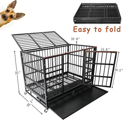 Oranland 48/38 Inch Heavy Duty Indestructible Dog Crate Cage Kennel with Wheels, High Anxiety Dog Kennel, Sturdy Locks, Double Door and Removable Tray Design, Extra Large XL Dog Crate.