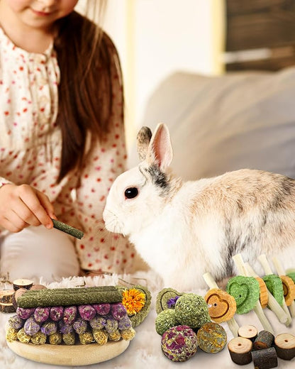 68pcs DIY Rabbit Chew Toys,Rabbit Toy for Bunnies Boredom Bunny Toys for Teeth, Timothy Stick, Apple Sticks, Sweet Bamboo, for Guinea Pig, Hamster, Chinchilla, Rat, Small Animals