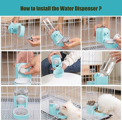 Hanging Cage Automatic Food Water Dispenser, Auto Gravity 1.2L Self-Feeding Feeder and 0.52L Waterer Set, Crate Auto Feeder Dish for Puppy Cats Ferret Bunny Guinea Pig Small Pets (Blue)