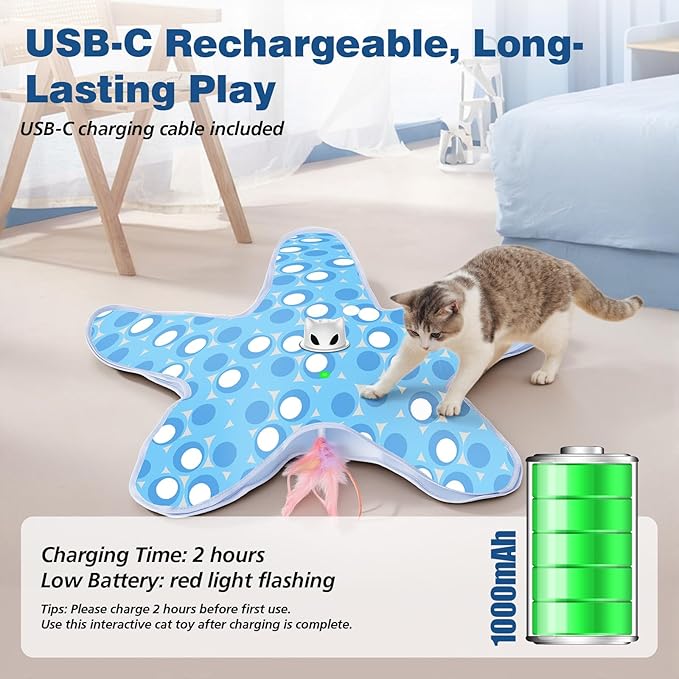 Rechargeable Interactive Cat Toys, Automatic Cat Toy for Indoor Cats, Durable Hide and Seek Cat Toy with Moving Concealed Feathers, Touch Activated Kitten Toys Cat Exercise Toys, Blue White Cover