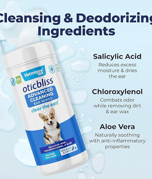 Vetnique Oticbliss Advanced Cleaning Ear Wipes for Dogs for Odor Control, Dirt and Wax Removal with Soothing Aloe Vera, Salicylic Acid & Vitamin E, (Ear Cleaning Wipes, Advanced Cleaning Large)