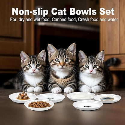 Cat Bowls,No Spill Whisker Fatigue Kittens Food Bowl with Anti-Slip Silicone,Ceramic Cat Dishes for Food Water and Wet and Dry,Shallow Plates Set for Indoor Cats,Small Dogs(6 Pack)