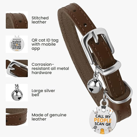 BRONZEDOG Leather Cat Collar with Removable Bells Non Breakaway Kitten QR Tag for Girl Boy (7" - 9" for Cats, Dark Brown & Silver)