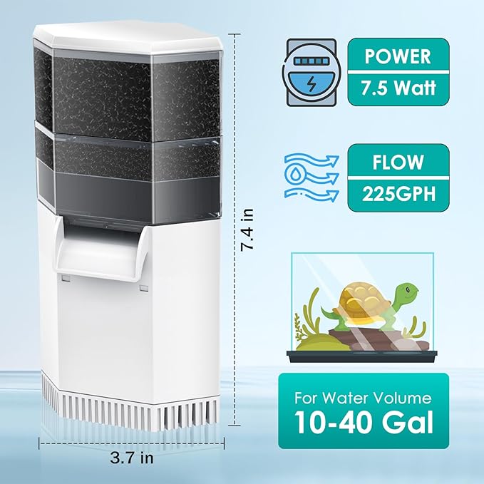 Turtle Aquarium Filter 3-Stage Turtle Filter for Low Water Level Tanks, 225GPH Super Quiet Waterfall Turtle Tank Filter Reptile Filter, Low Water Filters for Turtle Tanks 10-40 Gallon Water