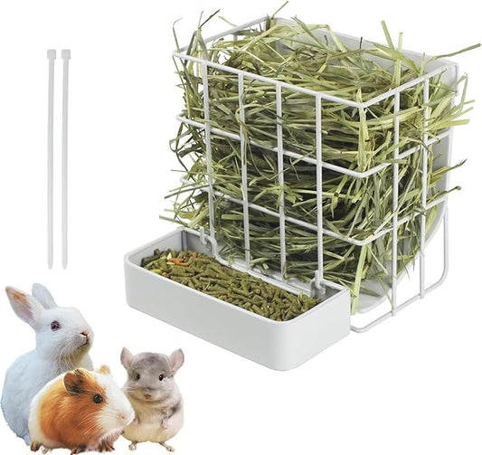 Rabbit Hay Feeder Guinea Pig Hay Feeder, Hay and Food Holder with Hook Heavy-Duty Metal Frame Hay Rack，for Bunny, Guinea Pigs,Chinchillas， Comes with Two Multifunctional Zippers-6.8x6.7x6.6inch