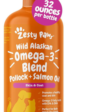 Zesty Paws Wild Alaskan Omega-3 Blend Pollock + Salmon Oil for Dogs and Cats- Skin and Coat Support, Omega 3 Supplement for Pets, 32oz