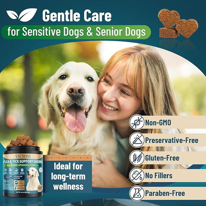 Flea and Tick Prevention for Dogs Chewable, 200 Soft Treats Natural Oral Dog Flea and Tick Treatment Chews Support Dog Skin & Digestive Supplement for Dogs Puppies All Breeds & Ages, Beef Flavor
