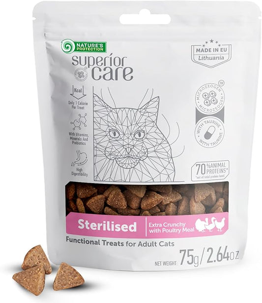 Nature's Protection Low Calorie Cat Treats - Crunchy Cat Snacks Treats for Indoor Cats - with Vitamins & Prebiotics for Urinary Health, Weight & Hairball Control (Superior Care - Poultry, 2.64 oz)