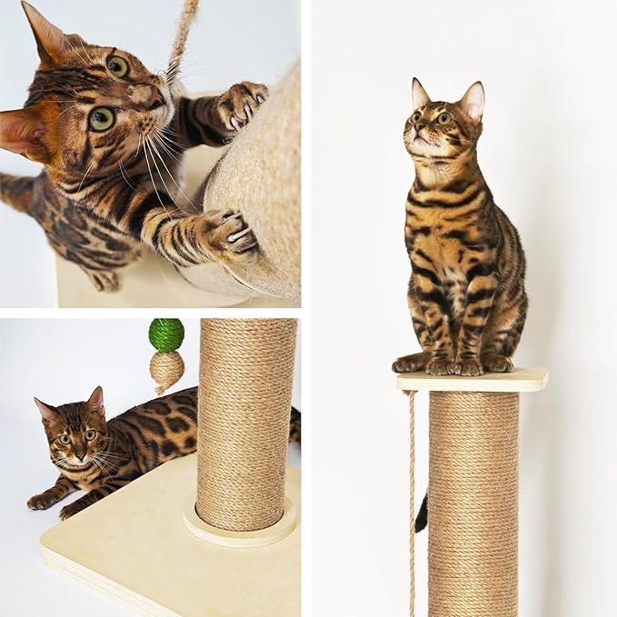 TINYBEAST Wooden Cat Scratching Post, Sturdy 35'' Tall Natural Sisal Cat Scratcher with Thick Solid Wood Base for Adult Cats Indoor, Jumbo Durable Stable Cat Scratcher Tower
