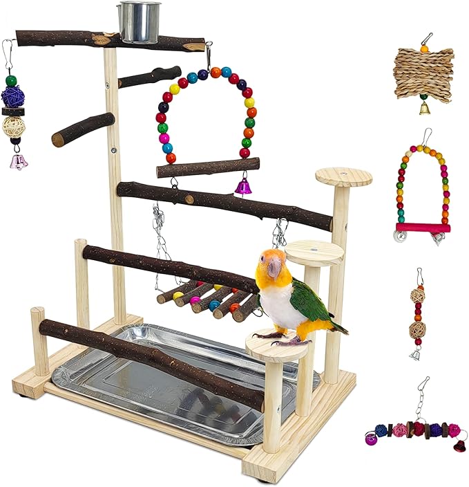 PINVNBY Bird Playground 9 PCS Parrot Perch Stand Play Gym Cockatiel Wood Bird Toys Birds Cage Accessories Playpen with Feeder Cups Hanging Swing Toys for Parakeet Conure Lovebird Cockatiel