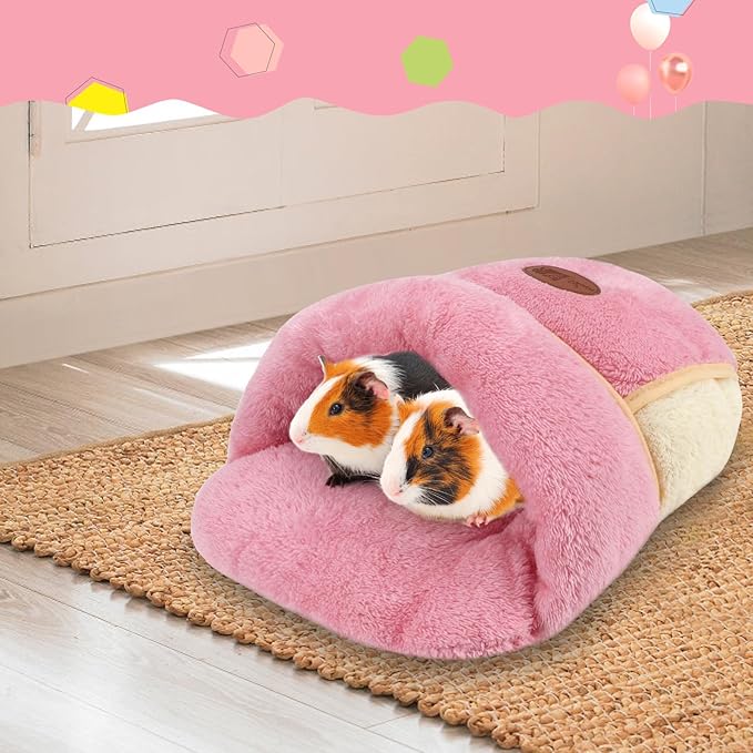 YUEPET Guinea Pig Bed Cuddle Cave Warm Fleece Cozy House Bedding Sleeping Cushion Cage Nest for Small Animal Squirrel Chinchilla Hedgehog Cage Accessories Pink