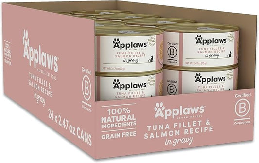 Applaws Natural Wet Cat Food, Made with Limited and Natural Ingredients, High Protein with No Artificial Additives or Fillers, Tuna Fillet with Salmon in Gravy (24 x 2.47oz Cans)