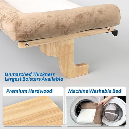 Zakkart Cat Perch for Window Sill with Bolster - Orthopedic Hammock Design with Premium Hardwood & Robust Metal Frame - Cat Window Seat for Large Cats and Kittens - Natural Color Wood with Brown Bed