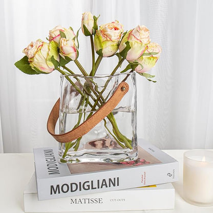 Glass Purse Vase for Flowers Clear Vases for Centerpieces Glass Bag Vase with Leather Handle Small Bag Vases for Decor Decorative Fish Bowl for Home Wedding Decor