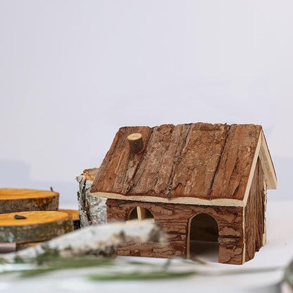 Hypeety Natural Wooden Hamster House Cage Small Animals House with Chimney for Pet Rats Gerbil Hideout Play House (S)