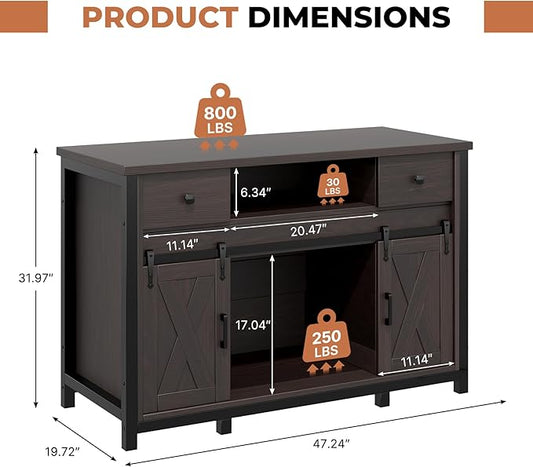 Miereirl 55-75 Gallon Fish Tank Stand with Power Outlet – Heavy Duty Aquarium Stand, Rustic Farmhouse Style, 800 lb Capacity, Adjustable Storage & Sliding Barn Doors, Dark Brown