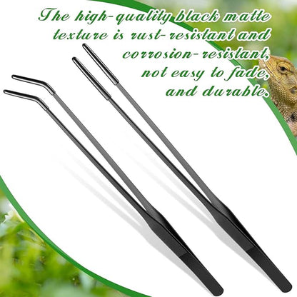 Lasnten 2 Pcs Extra Long Stainless Steel Reptile Feeding Tongs with Rubber Tip Bearded Dragon Aquarium Straight and Curved Long Tweezer Terrarium Feeder Tool for Tank(Black, 15 Inch)