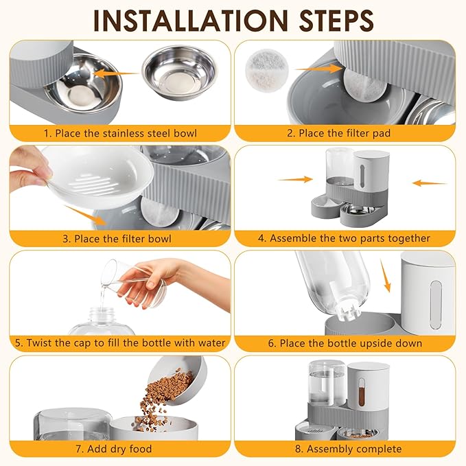 Automatic Gravity Cat Dog Feeder and Water Dispenser with 304 Stainless Steel Bowls 2 in 1 360 Degree Rotatable Auto 2.4L Dry Food and 2.6L Water Bowl for Small Medium Pet Dog Puppy Kitten (Gray)