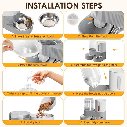 Automatic Gravity Cat Dog Feeder and Water Dispenser with 304 Stainless Steel Bowls 2 in 1 360 Degree Rotatable Auto 2.4L Dry Food and 2.6L Water Bowl for Small Medium Pet Dog Puppy Kitten (Gray)