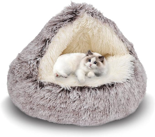 ShinHye Cozy Cat Bed - Round Plush Fluffy Hooded Cave, Indoor/Outdoor, Waterproof & Washable (20x20inch, Coffee)