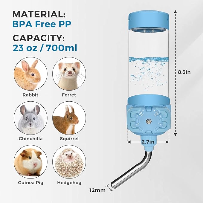 Vannon Top Fill Small Animal Water Dispenser for Cage, 23oz Auto Feeding Crate Water Bottle for Rabbit, Chinchilla, Ferret, Guinea Pig, Squirrel, Hedgehog, Pet Nozzle Diameter: 10mm, BPA Free, Blue